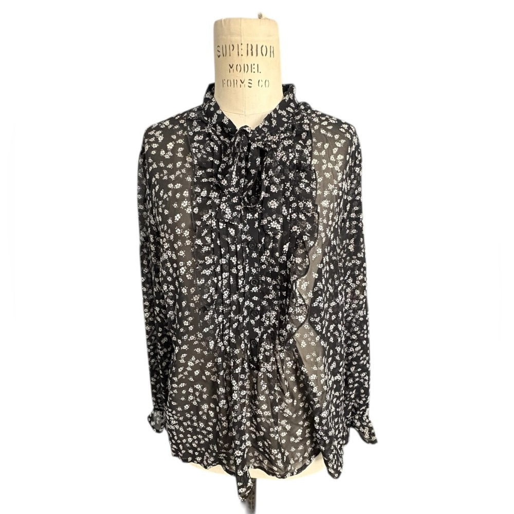 Express Black White Floral Blouse Ruffle Front Sheer Tie Neckline Office Size M - Picture 2 of 11